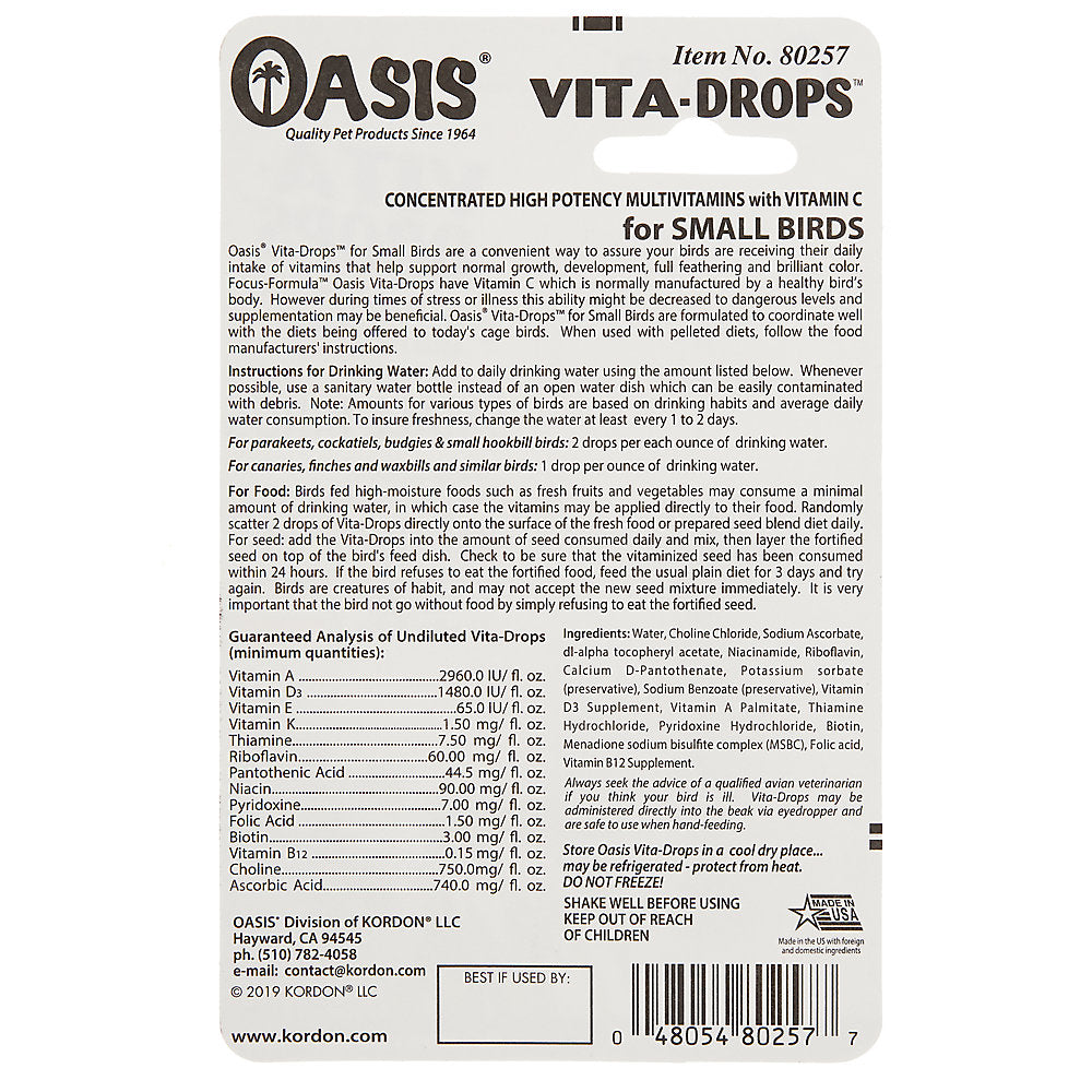 Oasis® Vita-Drops™ High Potency Small Bird Daily Multivitamins
