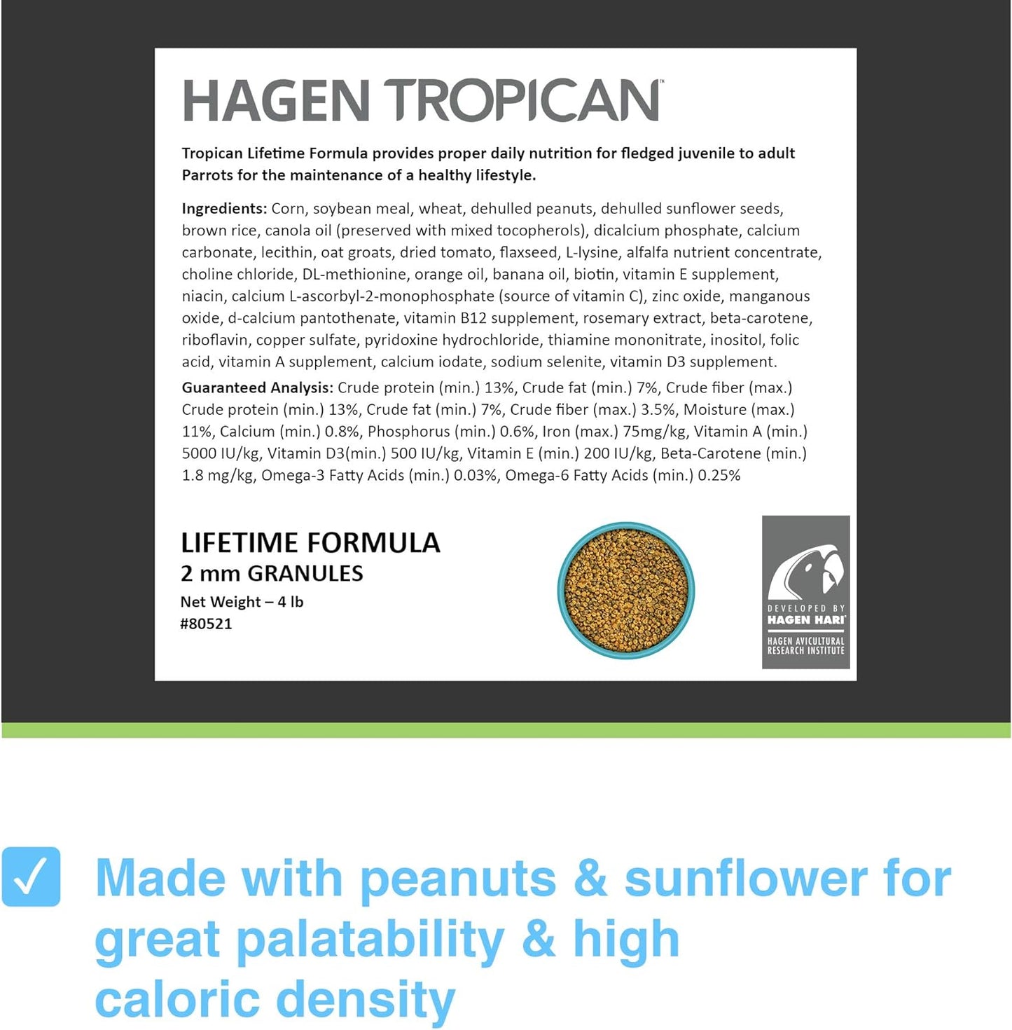 HARI Tropican Lifetime Formula Parrot Food, 2 mm Granules