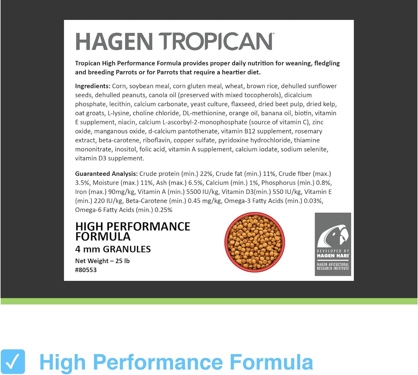 HARI Tropican High Performance Formula Parrot Food, 4 mm Granules