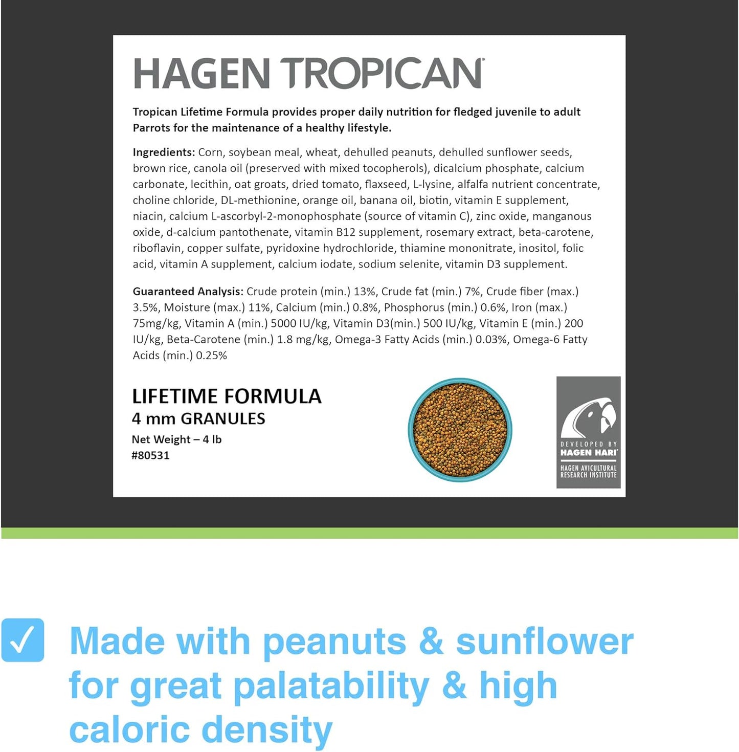 HARI Tropican Lifetime Formula Parrot Food, 4 mm Granules