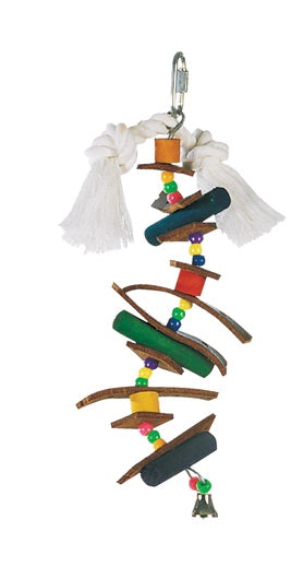 Junglewood Bird Toy, Small Skewer with Wood Pegs, Plastic Beads, Leather Strips and Bell